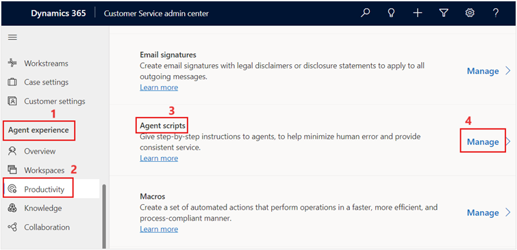 Screenshot of the Dynamics 365 left navigation pane with the Agent scripts option selected.