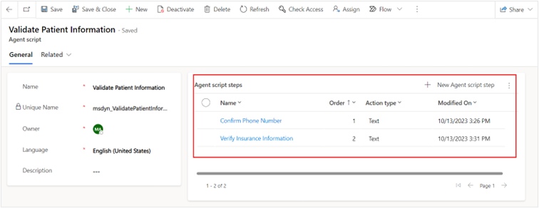 Screenshot of the Agent script steps table with the Verify Insurance Information script step added.