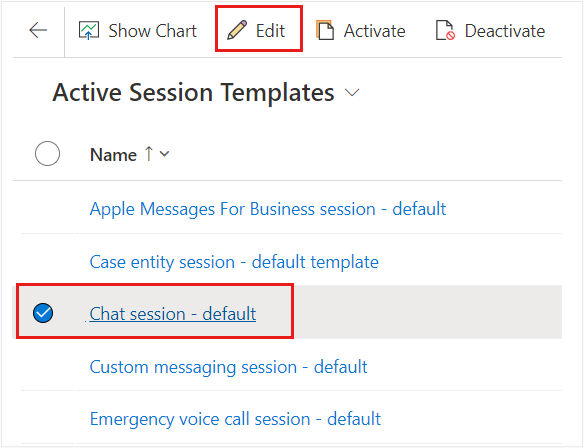Screenshot of the Active Session Templates menu with the Chat session - default option highlighted.