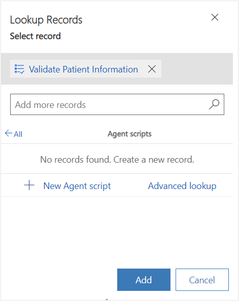 Screenshot of Lookup Records pane with the Validate Patient Information record selected.