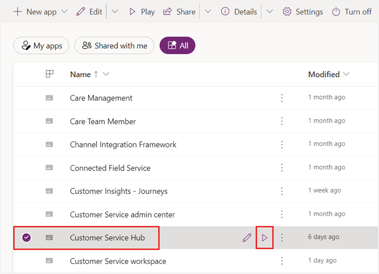 Screenshot of the Power Apps list with the Customer Service Hub app selected.