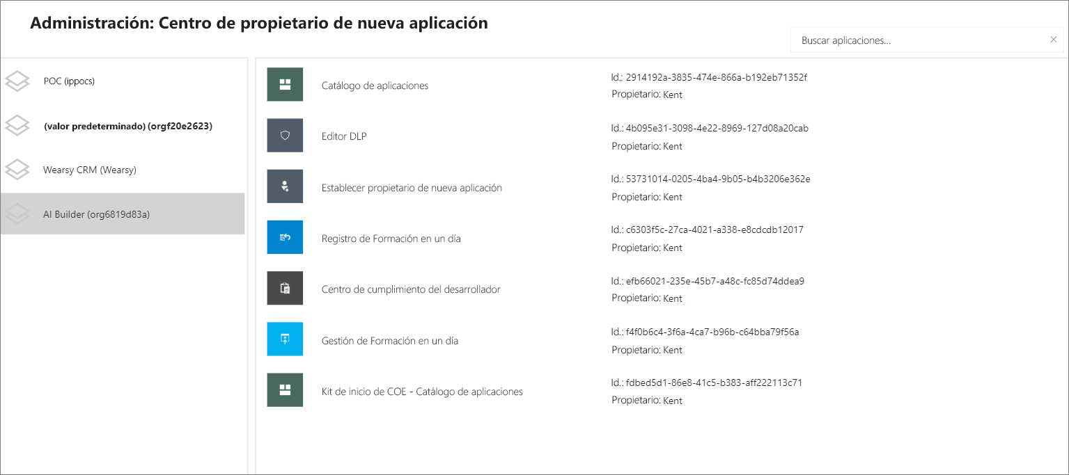 Captura de pantalla del administrador: nuevo centro de propietarios de aplicaciones con la pestaña AI Builder seleccionada.
