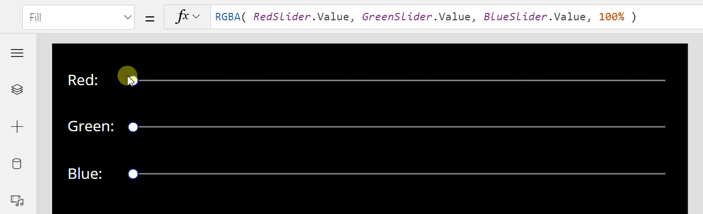 Fórmula de Power Fx: Relleno = RGBA( RedSlider.Value, GreenSlider.Value, BlueSLider.Value, 100% )