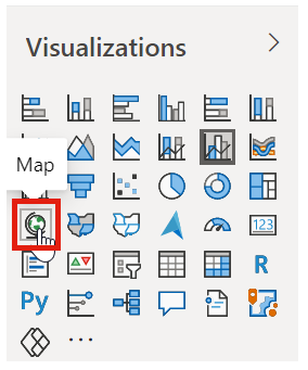 Captura de pantalla del botón del objeto visual de mapa en el panel Visualizaciones.