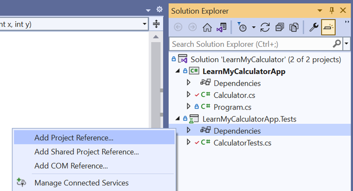 Screenshot of Solution Explorer in Visual Studio, with the right-click menu of the dependencies node open and Add Project Reference selected.