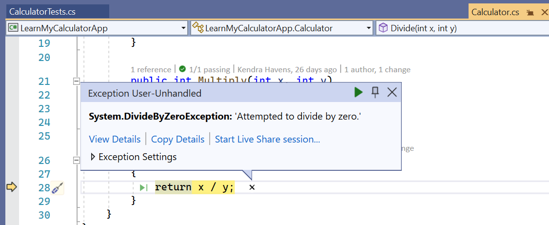 Screenshot of Visual Studio throwing a divide-by-zero system exception.