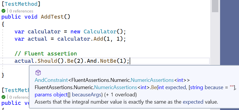 Screenshot of the AddTest method with a hover tip on the assertion.