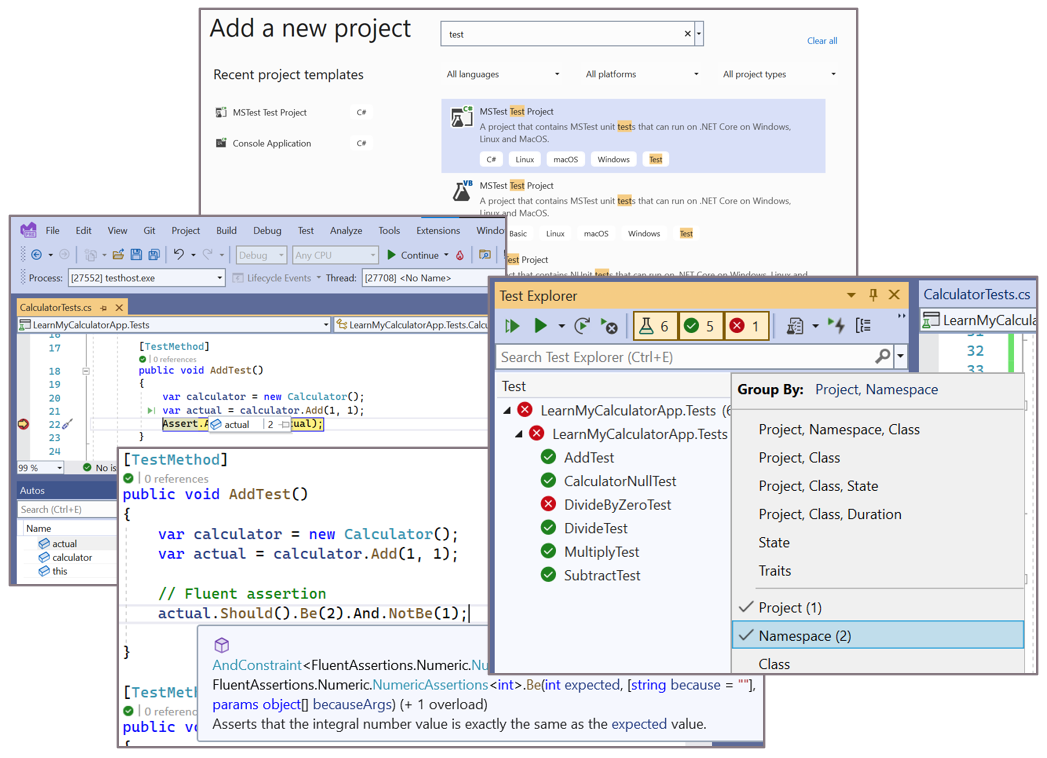 Collage that shows screenshots of Visual Studio, including the new test project dialog, debugging a test, a test that uses Fluent Assertions, and Test Explorer.