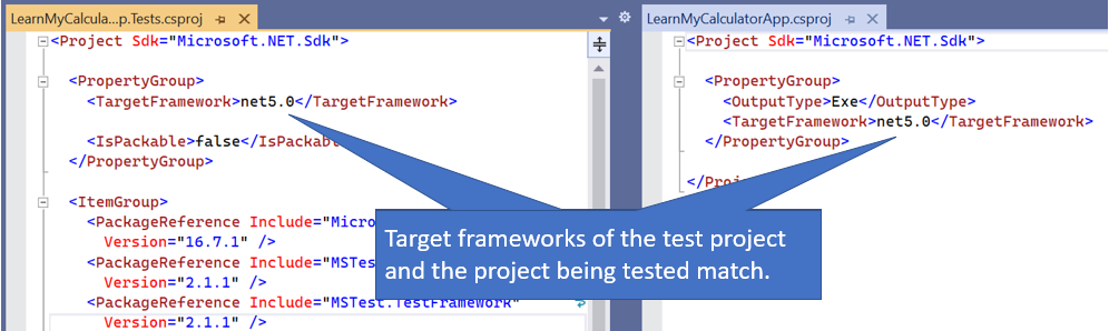 Screenshot in Visual Studio with two projects open side by side. Both projects reference the same target framework.