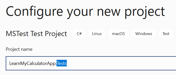 Screenshot of the page for configuring a new project, with the new project name selected.
