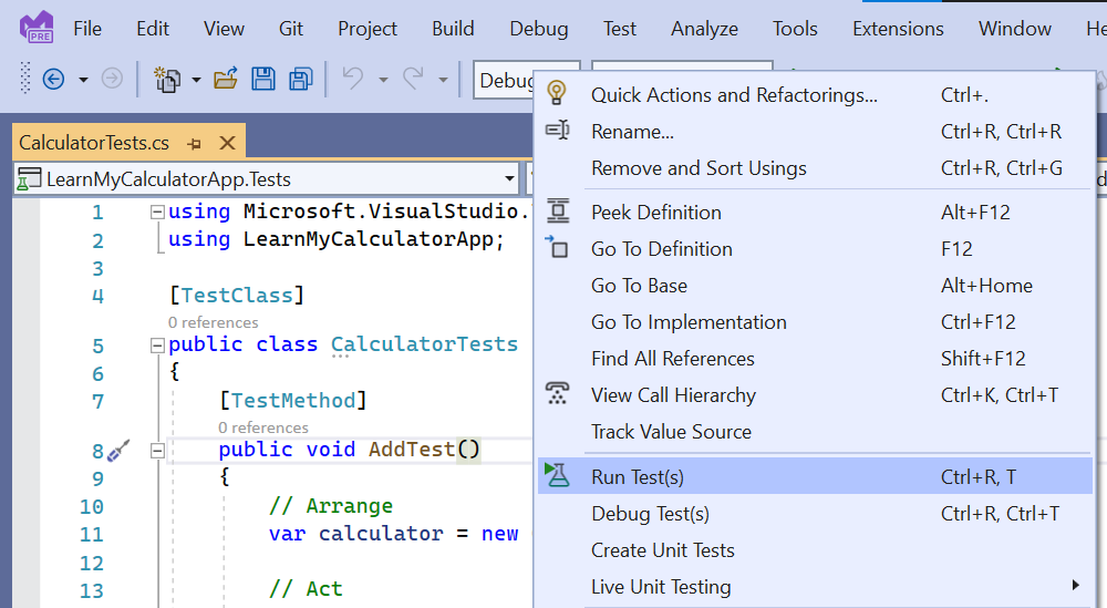 Captura de pantalla de Visual Studio con el menú contextual abierto en un editor dentro de un método de prueba.