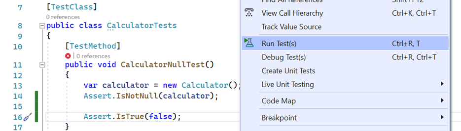 Screenshot of the editor window in Visual Studio, with Run Tests selected by right-clicking a test method.