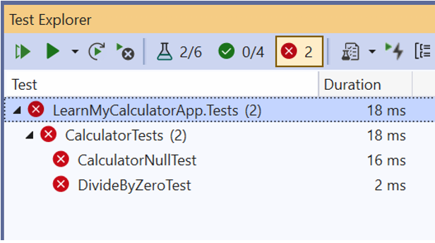 Screenshot that shows a list of tests filtered to include only failed tests.