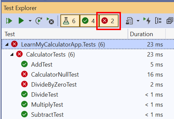 Screenshot that shows the button for failed tests in Test Explorer.