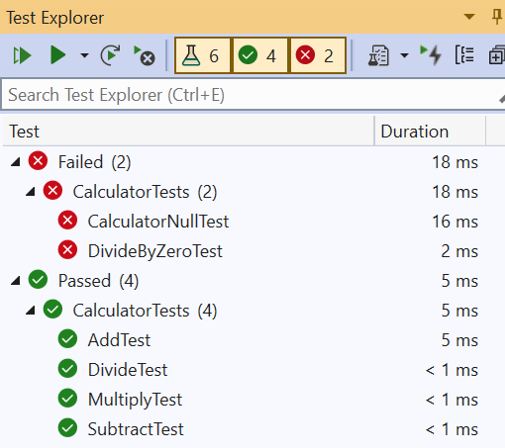 Screenshot that shows the tests in Test Explorer organized into a hierarchy of state grouping and then class grouping.