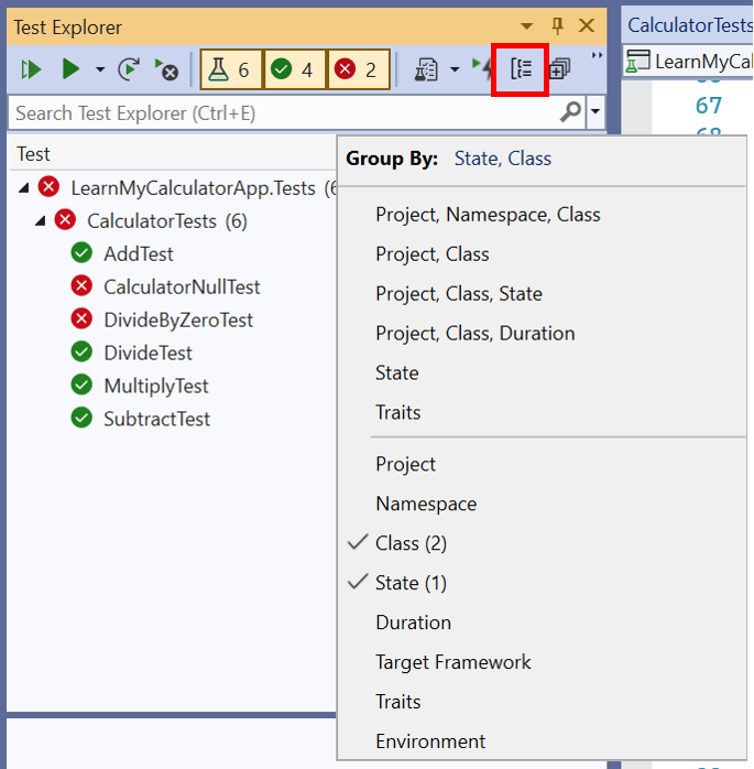 Screenshot that shows Group By button in Test Explorer, with hierarchy levels selected.