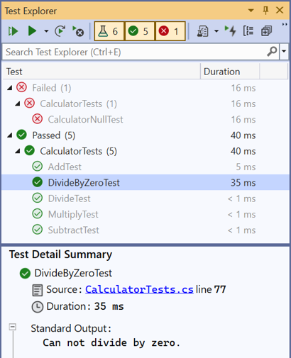 Screenshot of Test Explorer that shows a passing divide-by-zero test and the test details.