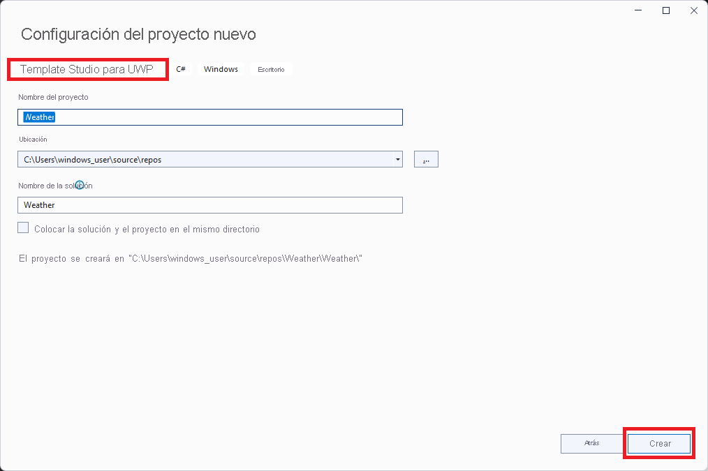 Screenshot that shows the Configure your new project window for a Template Studio app in Visual Studio.