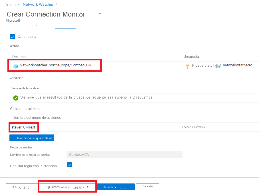 Create Connection Monitor - Create Alerts tab