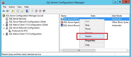 Por ejemplo, restablezca el servicio SQL Server.