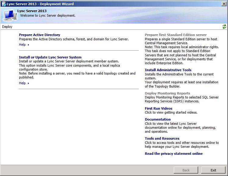 Asistente para la implementación de Lync Server 2013, página principal