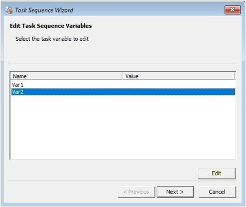 Captura de pantalla de la página editar variables de secuencia de tareas del Asistente para secuencia de tareas.
