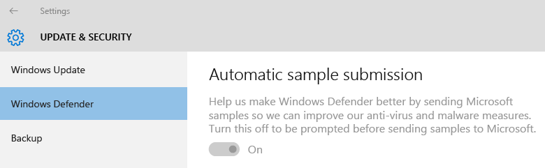 Windows Defender: envíos de ejemplo automáticos