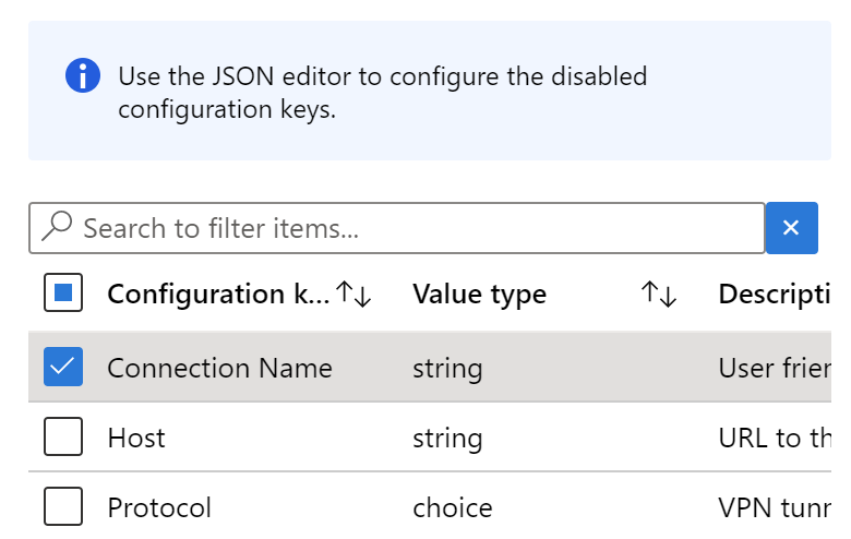 En el Diseñador de configuración, seleccione cualquier clave con un tipo de valor de cadena en Microsoft Intune directiva de configuración de la aplicación VPN.