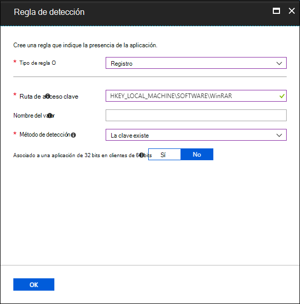 Captura de pantalla del panel Regla de detección: la clave del Registro existe.