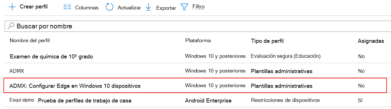 La configuración de la directiva de ADMX se muestra en la lista de Microsoft Intune y el centro de administración de Endpoint Manager.