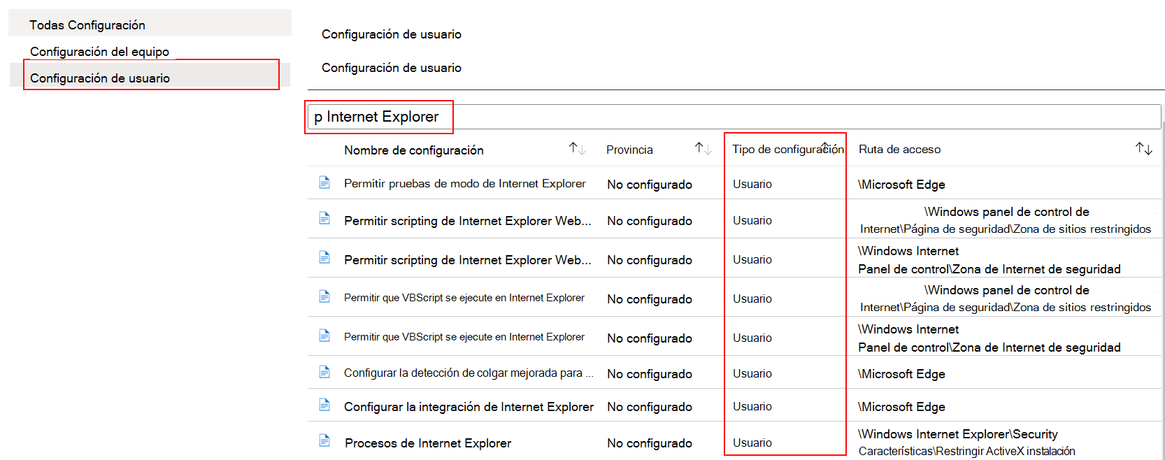 En la plantilla ADMX, seleccione Configuración del usuario y busque o filtre por Internet Explorer en Microsoft Intune.