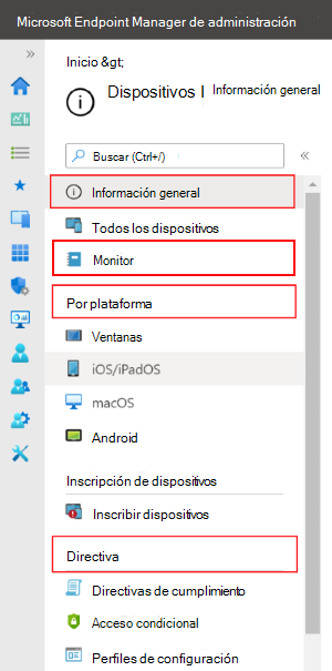 En Endpoint Manager y Microsoft Intune, seleccione Dispositivos para ver lo que puede configurar y administrar.