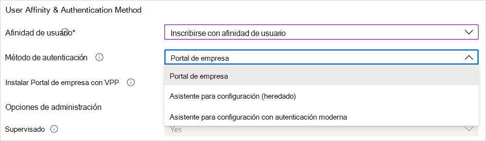 Captura de pantalla de las opciones del método de autenticación.