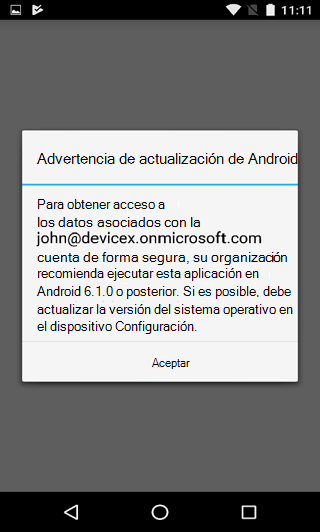 Imagen del cuadro de diálogo de advertencia de actualización de Android