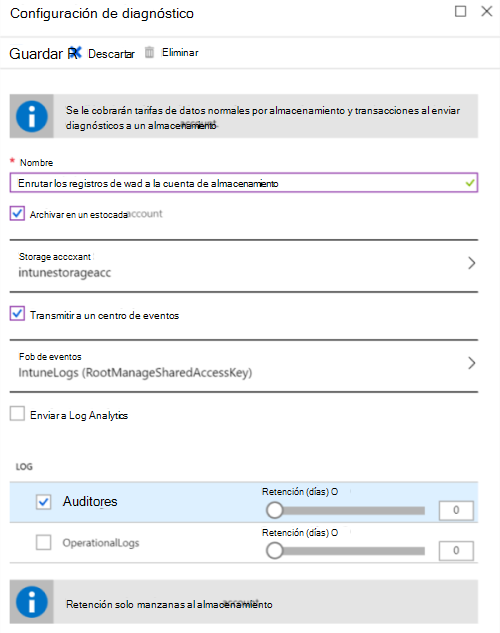 Captura de pantalla que muestra cómo enviar registros de auditoría de Microsoft Intune a una cuenta de Azure Storage.