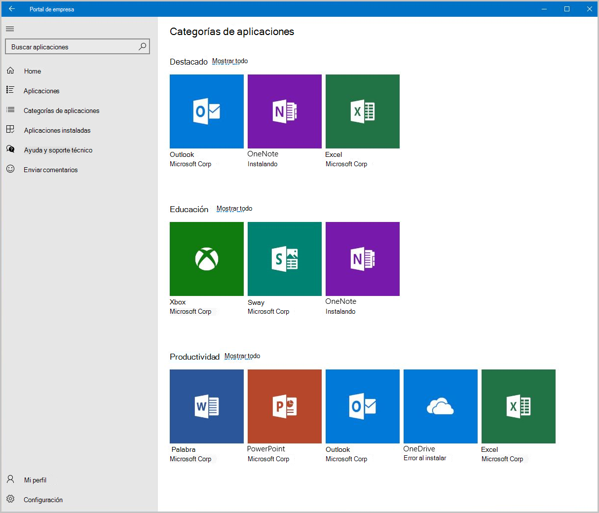 Captura de pantalla de la pantalla de categorías de aplicaciones del Portal de empresa para Windows 10.