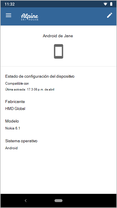 Captura de pantalla de la aplicación Microsoft Intune, en la que se muestran los detalles del dispositivo Android de Jane.