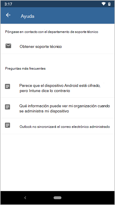 Captura de pantalla de la pantalla de ayuda de la aplicación Microsoft Intune.