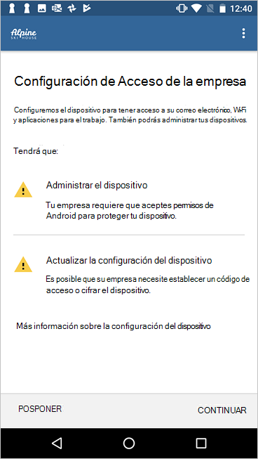 Imagen de ejemplo de la configuración de administración anterior de dispositivos Android en Portal de empresa, que muestra una lista de comprobación más ocupada.