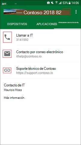 Captura de pantalla que muestra la aplicación del Portal de empresa para Android, pantalla ID. CONTACT I D (I D. DE CONTACTO), actualizada.