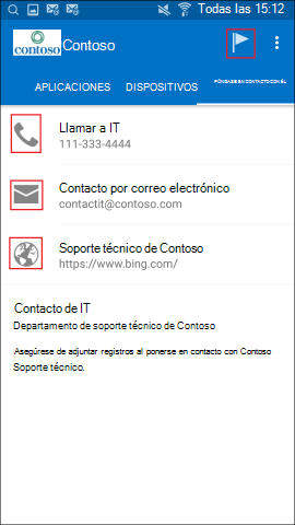 Captura de pantalla que muestra la aplicación del Portal de empresa para Android, pantalla I CONTACT I D (I D. DE CONTACTO).