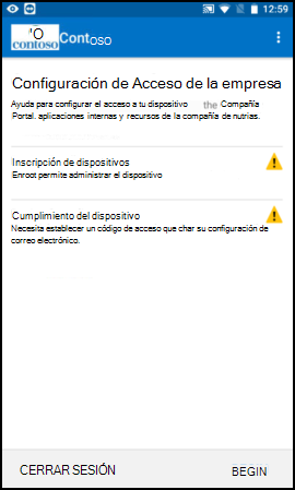 Captura de pantalla que muestra la aplicación del Portal de empresa para texto de Android antes de la actualización, pantalla Configuración de acceso a la empresa.