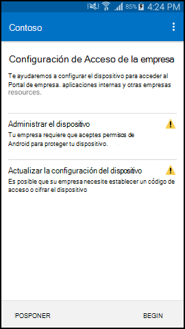 Captura de pantalla que muestra la aplicación del Portal de empresa para Android antes de la actualización, pantalla Configuración de acceso a la empresa.