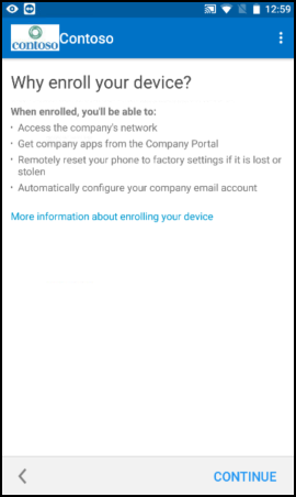 Captura de pantalla que muestra la aplicación del Portal de empresa para texto de Android antes de la actualización, pantalla Why enroll your device (¿Por qué inscribir el dispositivo?)