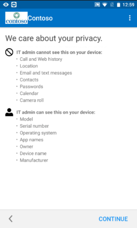 Captura de pantalla que muestra la aplicación del Portal de empresa para Android antes de la actualización, información de privacidad.