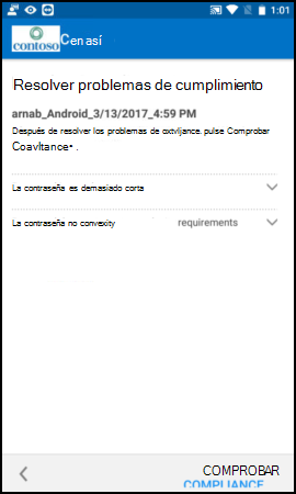 Captura de pantalla que muestra la aplicación del Portal de empresa para texto de Android antes de la actualización, pantalla Resolver problemas de cumplimiento.
