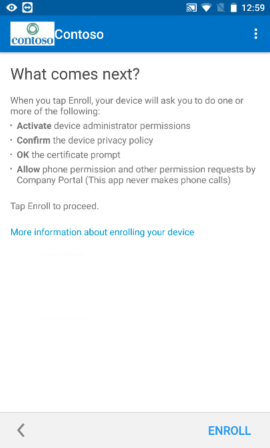 Captura de pantalla que muestra la aplicación del Portal de empresa para Android antes de la actualización, pantalla What comes next (¿Qué viene a continuación?)