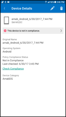 Captura de pantalla que muestra la aplicación del Portal de empresa para texto de Android antes de la actualización, pantalla Detalles del dispositivo.