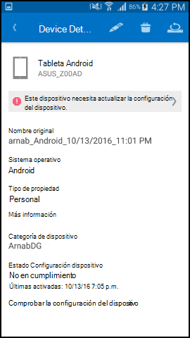 Captura de pantalla que muestra la aplicación del Portal de empresa para texto de Android después de la actualización, pantalla Detalles del dispositivo.