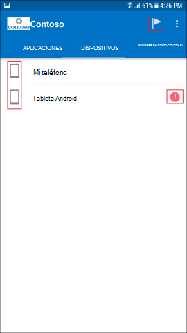 Captura de pantalla que muestra la aplicación del Portal de empresa para Android, pantalla DISPOSITIVOS.